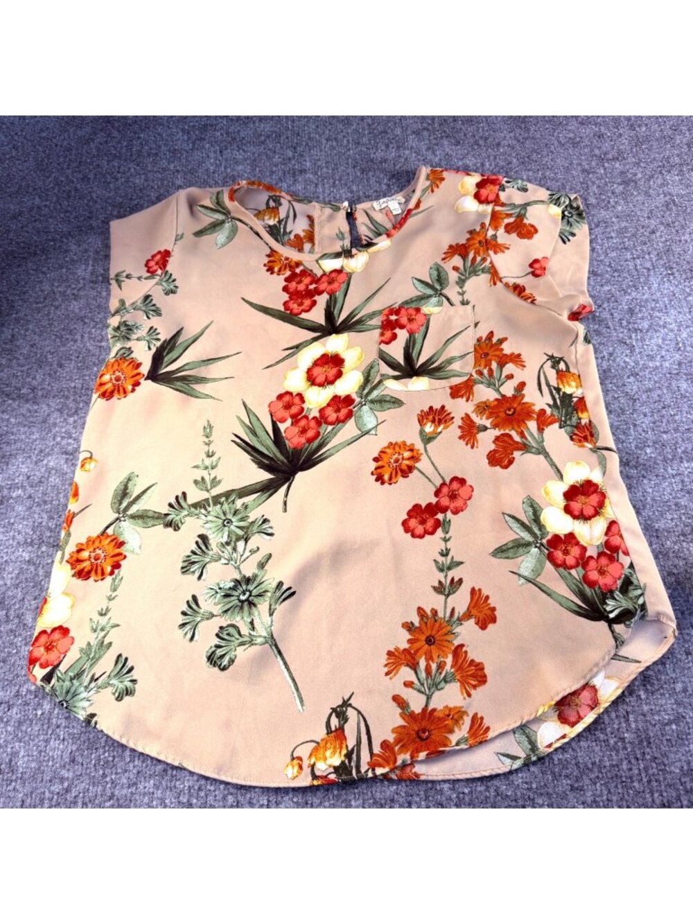 Lily White Tan & Orange Floral Cap-Sleeve Blouse with Pocket, Large